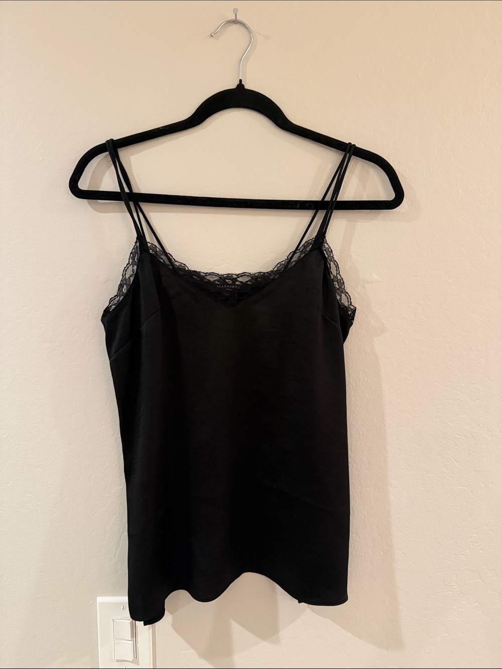 All Saints Black Satin Lace-Trim Cami
